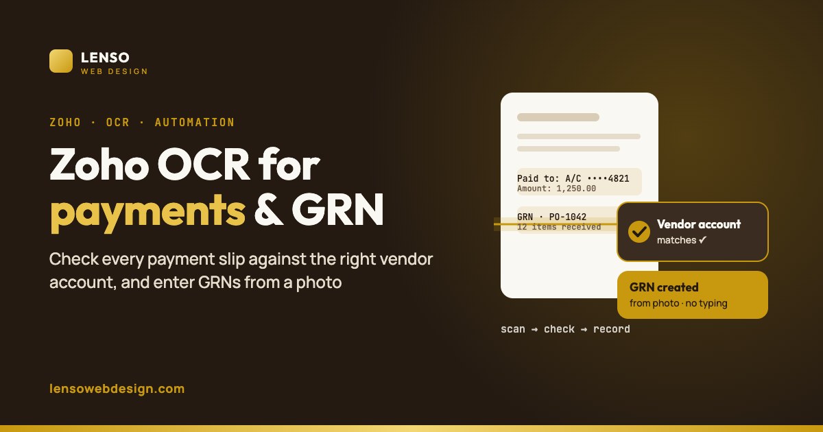 Zoho OCR reads a payment slip, checks the vendor bank account and creates a GRN entry